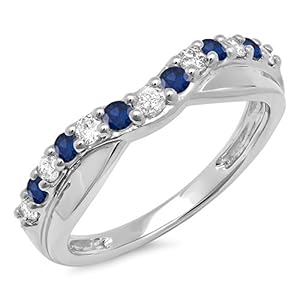 14K Gold Round Cut Blue Sapphire & White Diamond Ladies Anniversary Wedding Guard Contour Band