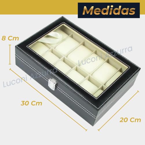 Porta-Relógio com 12 Compartimentos, Couro Sintético Preto, Tampa de Vidro e Almofadas Aveludadas
