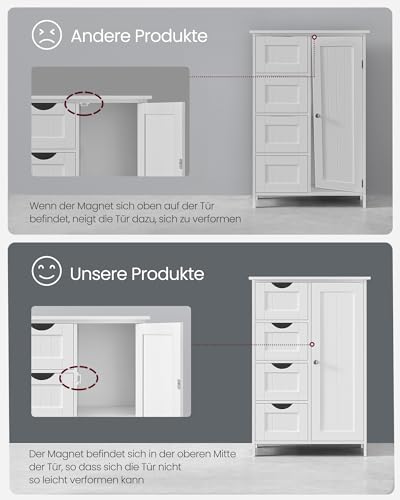 VASAGLE Bathroom Cabinet, Slim Bathroom Cabinet, Wooden Side Cabinet, Chest of 4 Drawers, Cupboard, Door, Adjustable Shelf, Living Room, Kitchen, Hallway, Deep, Freestanding | LHC41W Side Cabinet Chest of Drawers with Cupboard Door Adjustable Shelf 30 x 55 x 82 cm White