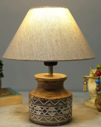 Homesake Wood Table Lamp, Modern Base Fabric Lampshade for Home Office Cafe Restaurant, Whitewash Pot, (Jute)