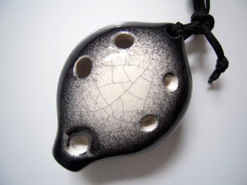 Black Diamond Alto C 6 Holes Ceramic Ocarina - Black Base W. Nebulous White Transparent Marble Crackle Glaze - Easy to Learn, Good for Beginner &amp; Great Gift. Linn's Arts!