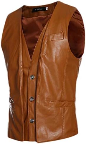 即納最大半額 メンズファッションスリムフィットフェイクレザーノースリーブスーツベストウエストコート