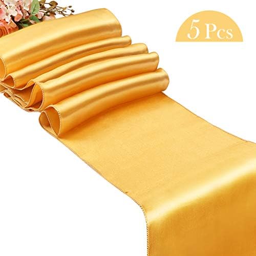 Cocider 5Pcs Gold Satin Table Runner, Table Decoration for Wedding Party Dinner