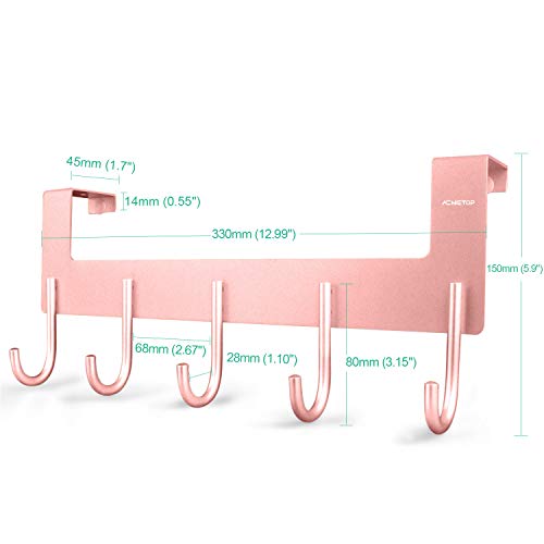 ACMETOP Over The Door Hook Hanger, Heavy-Duty Organizer for Coat, Towel, Bag, Robe - 5 Hooks, Aluminum, Matte Finish (Pink)