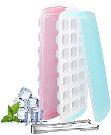 Ice Cube Tray with Lids - Easy Release Silicone Flexible Ice Trays with Spill Resistant Removable Lid, 21 Ice Cube Molds Jelly Pudding Maker Mold(2 Pack, Pink/Green) LFGB Certified &amp; BPA Free