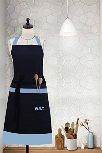 Milano Home"Eat" Embroidered 100% Cotton Professional Apron for Men & Women with Adjustable Neck & Centre Pockets Perfect for Cooking BBQ Baking Full in Length - Blue