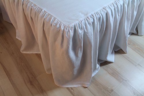 White linen bedskirt with romantic ruffles, US Queen 60 X 80, 18" drop, with split corners for footboard