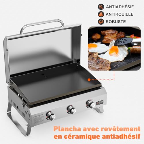 onlyfire Plancha à Gaz de Table en Inox, Barbecue Gaz avec Couvercle et 3 Brûleurs 7kW, Plancha 57x36cm avec Revêtement en Céramique Antiadhésif, Pieds Pliables pour Terrasse, Balcon et Camping