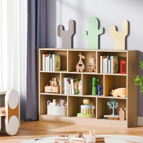 Librero de 10 Compartimentos, 3 Repisas Librero Organizador, Librería Cubby Sencilla Beige, Librería Vertical de Pie Para Exposición, Almacenaje, para Sala,Oficina,Dormitorio, 120*104*24 CM