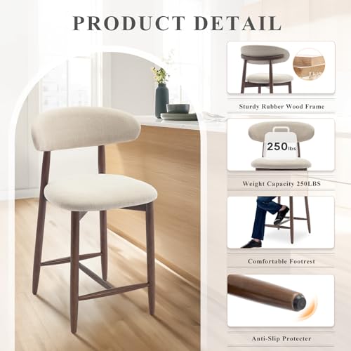 COLAMY Counter Height Bar Stools Set of 6, Kitchen Bar Stools with Back, Mid Century Modern Upholstered, with Wood Legs for Kitchen Island Dining Room, Beige