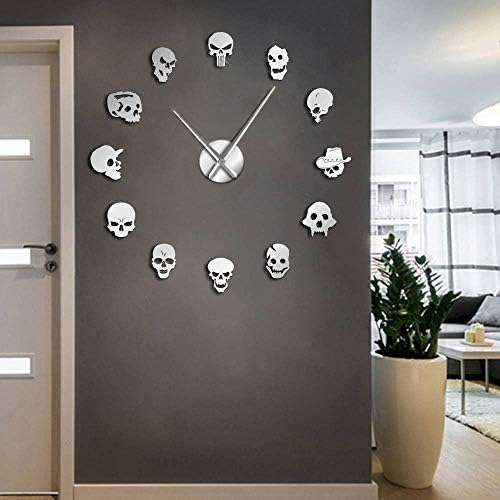 Knncch 27Inch Silver Different Skull Heads Diy Horror Wall Art Giant Wall Clock Big Needle Frameless Zombie Heads Large Wall Watch Halloween Decor
