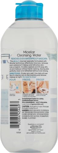 Garnier Micellar Water For Waterproof Makeup, Hydrating Facial Cleanser & Makeup Remover, Suitable for Sensitive Skin, Vegan, Cruelty Free, 13.5 Fl Oz (400mL), 1 Count