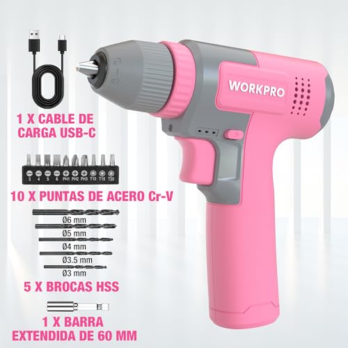 WORKPRO 8V Cordless Drill, Electric Drill with 3/8'' Drill Chuck, Electric Screwdriver, Variable Speed Driver, Type C Rechargeable Screwdriver, with 15pcs Accessories, Pink