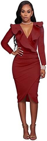VERTTEE V Neck Ruffle Plain Bodycon Sleeveless Midi Tight Wrap Women's Party Dress Woman Dress