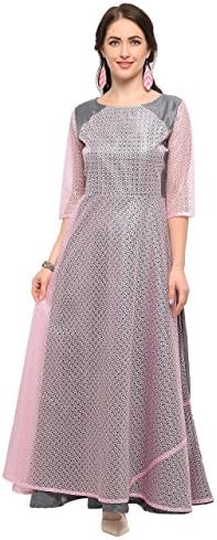 Aroma Lifestyle Women's Net and Silver Colour Gown Medium Pink
