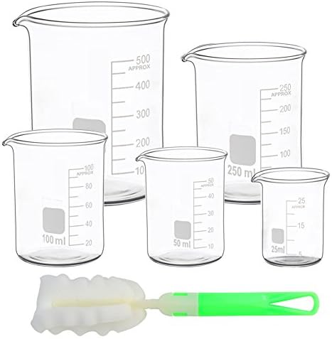 Superlady Glass Graduated beaker Set Glass 25ml 50ml 100ml 250ml 500ml With 1 brush