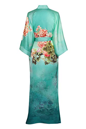Old Shanghai Women's Kimono Robe Long - Watercolor Floral, Coral Chrysanthemum- Meadow Blue, One Size. - Thumbnail 2