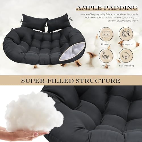 joomie Double Hanging Egg Chair Cushion Replacement Waterproof for Outdoor Patio Basket Egg Chairs, 150x110 cm–2 Seater Premium Thickened 100% Cotton Large Double Eggs Swing Chair Cushions, Black