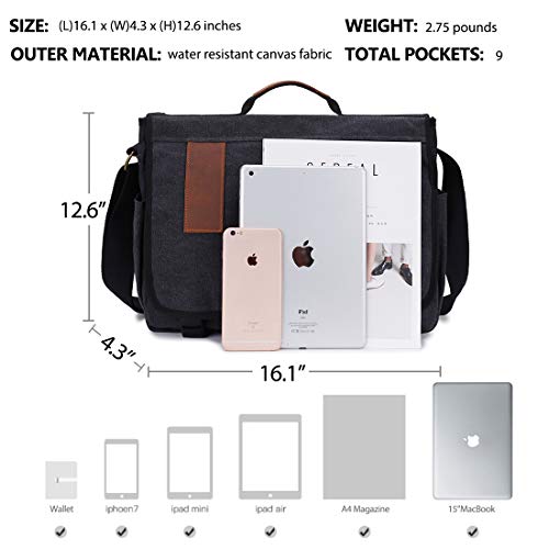 Mens Messenger Bag Canvas 15.6 Inch Laptop Shoulder Bag Water Resistant Briefcase Satchel Bag VONXURY