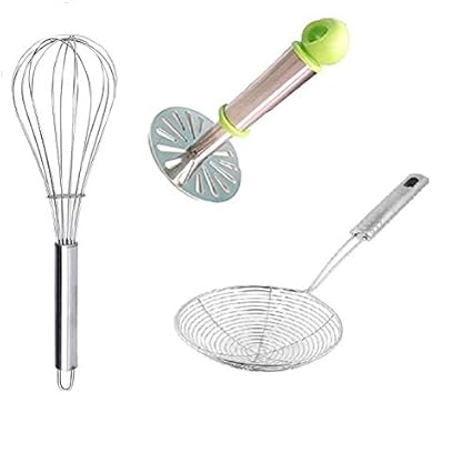 Combo Set of 3 pcs Stainless Steel Potato Vegetable Masher/Egg Whisk/deep Fry Strainer