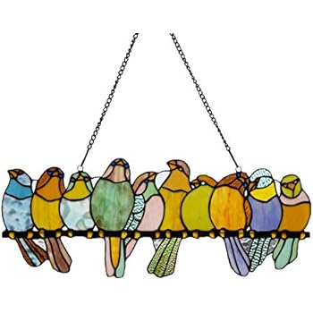 River of Goods Birds on a Wire 9.5 Inch High Stained Glass Suncatcher Window Panel, Pastel