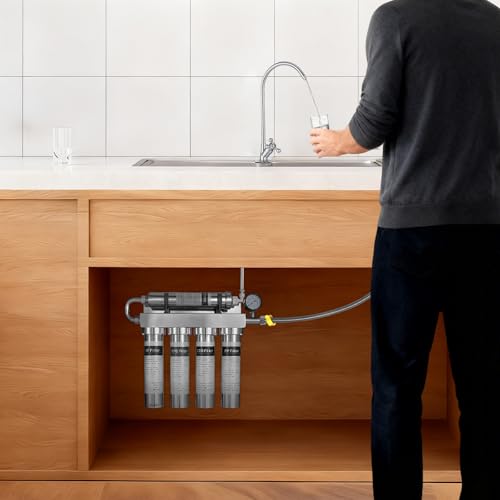 Purificador de Filtro agua 5 Etapas Acero Inoxidable 304, Filtro de Agua para Casa, Osmosis Inversa, Ultrafiltración de 0.01 μm, Elimina el 99% de los Contaminantes, con Manómetro