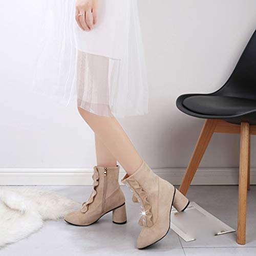Women Ankle Booties Wedges Shoes Ladies Vintage Buckle Fall Work Block High Heel Shoes Side Zipper Ankle Boots Beige