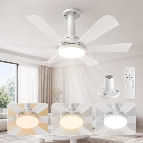 Hisummer 71cm Ventilatore da Soffitto con Luce e Telecomando, Attacco E27 Compatibile Solo con Base Fornita, Montaggio Veloce, Piccolo Ventilatore da Soffitto Silenzioso per Camera da Letto, Soggiorno