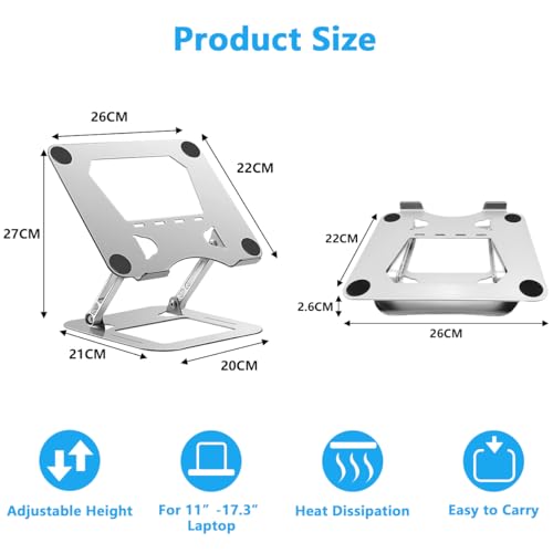 Gluckluz Adjustable Laptop Stand for Desk Ergonomic Laptop Riser Aluminum Notebook Holder Foldable Computer Elevator Compatible with 11" to 17.3" MacBook Pro/Air, Tablet (Silver)