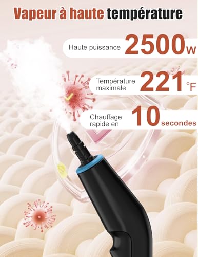 Steam Cleaner, 2500 W Multi-Purpose Manual Steam Cleaner with 6 Adjustable Speeds and 8 Types of Nozzles, 1250ML Portable High Pressure Steam Cleaner for Home and Car