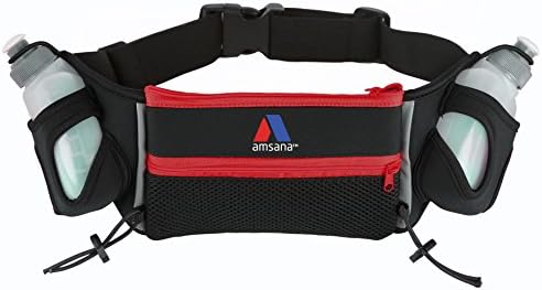 Amsana™ Runners Hydration Belt for Iphone 6 / 6 Plus &amp; Android Smartphones - Two 6oz. Water Bottles - Running Waist Pack Includes Toggles to Hold Your Race Number (Red)