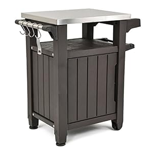 Keter Unity Portable 40 Gal Outdoor Table and Storage Cabinet w/ Accessory Hooks, Stainless Steel Top for Patio Kitchen…