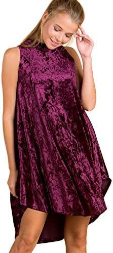 Zen Canyon Crushed Velvet Mock Neck Sleeveless Dress with Pockets Hi-Lo Hem - Made in USA (Small, Dark Plum)