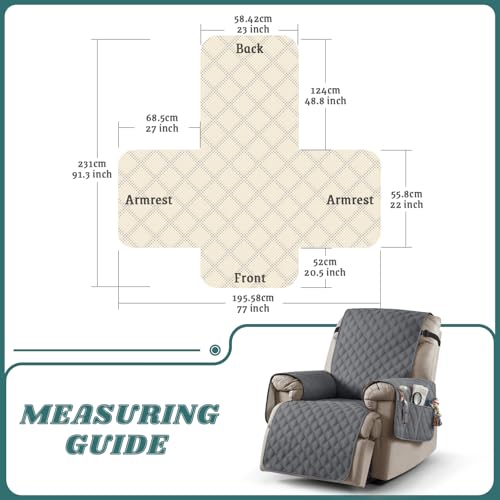 Ruaozz 100% Waterproof Recliner Chair Cover Non-Slip Reclining Cover for Recliner Chair Washable Chair Seat Cover with Elastic Straps for Kids, Dogs, Pets (Dark Grey, 1 Seater 23'')