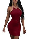 Misfondle Womens Sexy Bodycon Backless Spaghetti Lace up Mini Club Dress, 1-red, Small