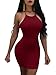 Misfondle Women's Sexy Bodycon Backless Spaghetti Lace up Mini Club Dress Khaki Red