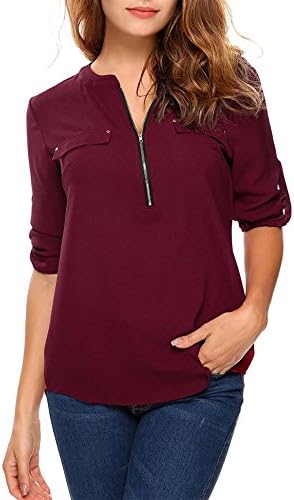 BALEMS Women Zip Up Chiffon Blouse V Neck Long Sleeve Top Shirts,Large,Wine Red