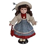 Birthday Gift - 30cm Excellent Workmanship Doll DIY Accessory Vintage Porcelain Lady Girl Doll in Blue Dress with Display Stand