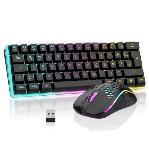 RedThunder 60% Wireless RGB Gaming Keyboard and Mouse Set, QWERTZ DE Layout, Rechargeable Wireless Keyboard with Ultralight Gaming Mouse with Honeycomb Construction, for PC Mac PS5 Xbox Gamer, Office