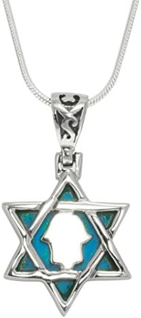 925 Sterling Silver Star of David Necklace Hamsa Pendant with Synthetic Blue Opal, 20"