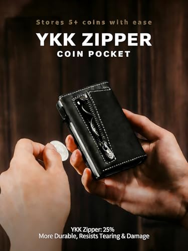 Men's RFID Blocking Anti-Theft Pop Up Wallet, Genuine Leather Slim Bifold Card Holder, Magnetic Closure, YKK Coin Pocket, ID Window, Holds 8-10 Cards or Bills, 5+ Coins (Black Grey Silver)