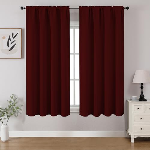 CUCRAF Maroon Red Blackout Curtains 45 inch Length 2 Panels Set, Rod Pocket Room Darkening Drapes for Bedroom Living Room, Insulated Thermal Light Blocking Window Curtain (W52 x L45 Inch)