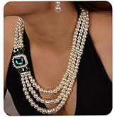 Aimimier 1920s 3-strand White Faux Pearl Necklace and Earrings Set Emerald Crystal and Rhinestone Long Pearl Necklace Statement Women Jewelry