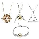 OPENDGO 4 Piece Harry Potter Necklace Bracelet Set Time Turner Deathly Hallows Golden Snitch for Harry Potter Fans Gifts Collection or Decorations