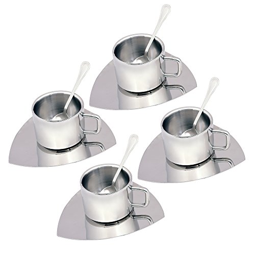 Kosma Set of 12pc Stainless Steel Double wall Coffee Cup | Espresso | Tea Cup 100ml with Triangular Saucer & Tea Spoons (4 Cups, 4 Saucer, 4 Spoons)