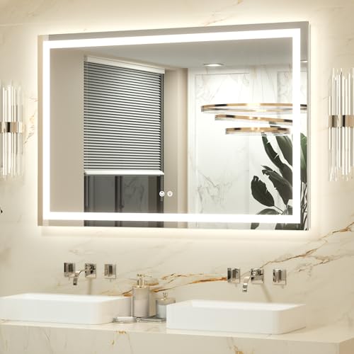 Keonjinn Badspiegel mit Beleuchtung 120x80cm, Badezimmerspiegel Beleuchtet Beschlagfrei Led Bad Spiegel mit Touch Schalter, 3 Lichtfarben Dimmbar Spei