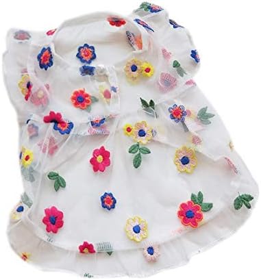 Icouchi ペット服 かわいい ドレス 犬 服 ワンピース 春夏 スカート ドッグウェア 女の子 チュール 花刺繍 袖なし 小型犬 中型犬 洋服 猫服 薄手 通気性 日焼き防ぐ 虫除け 脱毛保護 お姫様 お散歩お出かけ コスチューム 記念撮影