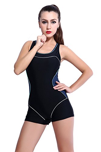 Women’s One Piece Boxer Boyleg Swimsuit Cross Back Halterneck Athletic Swimwear Tankini (US 4, Black+Blue)