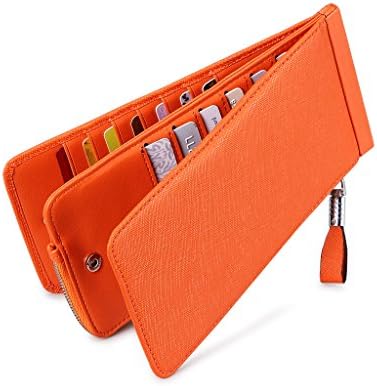 AECCEZ RFID Blocking Womens Genuine Leather Zipper Slim Wallet Long Style Clutch Bag Handbag Multi Credit Card Holder Checkbook Purse Money Clips for Women AE-116 Orange