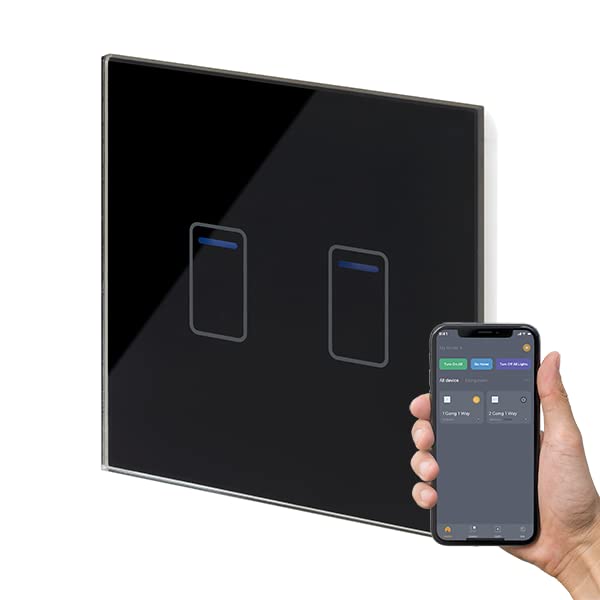 Retrotouch Crystal+ Touch WiFi Switch | 2 Gang Smart Light Switches | Multi Control | Remote Control | App Compatible With Alexa & Smart Life | Black Glass Finish | LED Indicator